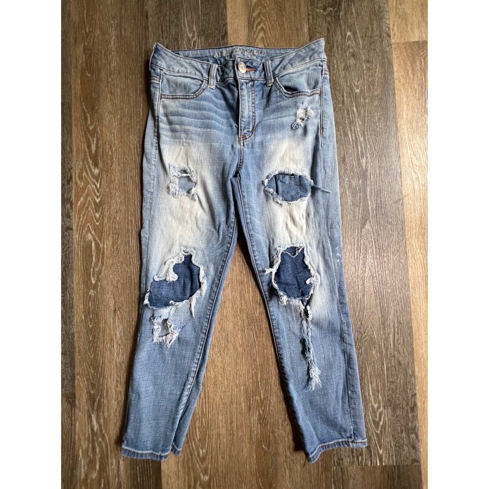 American Eagle Jeggings Womens 8 Blue High Rise Super Stretch Distressed Patched